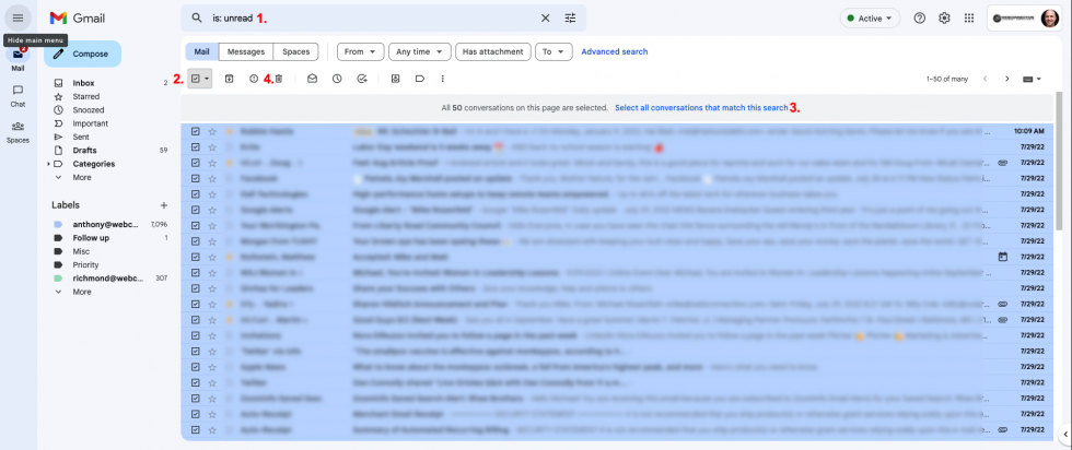 how to delete multiple unread emails on mailbird